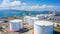 Aerial view oil terminal storage tank, White oil tank storage chemical petroleum petrochemical refinery product at oil terminal,