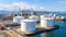 Aerial view oil terminal storage tank, White oil tank storage chemical petroleum petrochemical refinery product at oil terminal,