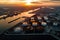 aerial view of an oil terminal during sunset, with the sun casting a golden glow over the entire scene. The oil terminal
