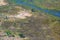 Aerial view Okavango Delta landscape, grassland, trees