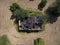 Aerial view of an old abandoned and destroyed farmhouse