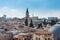 Aerial view of the old city with blue sky of Jerusalem. Christian quarter and dome of  the Church of the Holy Sepulchre and