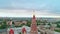 Aerial view of the old city and Christian cross on top of the spire of Odessa Lutheran St. Paul`s Cathedral