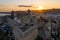 Aerial view of the old city on the island of Ibiza during sunset.