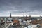 Aerial view of old downtown of Copenhagen City from the Round Tower Rundetaarn and Nikolaj Copenhagen Contemporary Art Center
