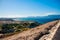 Aerial view from old fortress with antique roofs, Corfu city. Panorama of center of old city. Kerkira. Europe travel