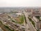 Aerial view of old and new russian buildings with rails