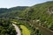 Aerial view of of Old Strecno castle Starhrad above Vah river, Slovakia