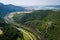 Aerial view of of Old Strecno castle Starhrad above Vah river, Slovakia