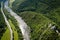 Aerial view of of Old Strecno castle Starhrad above Vah river, Slovakia