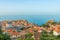 Aerial view of the old town of Dubrovnik, Croatia with rooftops, city walls, fort Lovrijenac and Adriatic sea