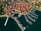 Aerial view of old town Izola in Slovenia, beautiful cityscape at sunset. Adriatic sea coast, peninsula of Istria, Europe