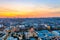 Aerial view of old town of Lviv in Ukraine at sunset. Lvov cityscape. View from tower of Lviv town hall