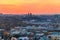 Aerial view of old town of Lviv in Ukraine at sunset. Lvov cityscape. View from tower of Lviv town hall