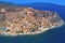 Aerial view of the old town of Monemvasia in Lakonia of Peloponnese, Greece