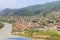 Aerial view on old town Mtskheta and confluence of the rivers Kura and Aragvi in Georgia