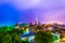 Aerial view of the old town of Tallin dominated by Saint Olaf church during night, estonia....IMAGE