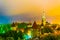 Aerial view of the old town of Tallin dominated by Saint Olaf church during night, estonia....IMAGE