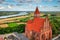 Aerial view of the old town with the Teutonic castle and the church in Nowe by the Vistula river. Poland