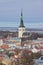 Aerial view of Oleviste St.Olaf church in old city of Tallinn