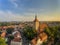 Aerial view of Olsztyn at sunrise - cathedral, castle, churches, old town