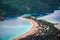 Aerial view of Oludeniz beach, Fethiye district, Turkey. Turquoise Coast of southwestern Turkey. Blue Lagoon on Lycian Way