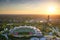 Aerial view of Olympic park with stadium at sunset in Munich