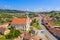 Aerial view of one of the best preserved fortified churches in Transylvania at Saschiz village