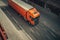 Aerial view an orange truck parked on the side of road, logistic,delivery concept