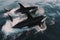 Aerial view of orcas gliding through sparkling ocean waters, pods of majestic killer whales