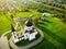 Aerial view of Orthodox church of the Dormition of the Theotokos, located in Vievis, Lithuania