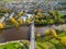 Aerial view of Otley Bridge crossing the River Wharfe in Otley, West Yorkshire.