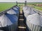 Aerial view over agricultural grain silos