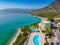 Aerial view over Almyros beach with luxurious hotels and resorts in Kato verga kalamata, Greece