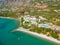 Aerial view over Almyros beach with luxurious hotels and resorts in Kato verga kalamata, Greece