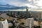 Aerial view over Bangkok modern office building in bangkok business zone near the river with sunset sky in Bangkok,