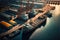 Aerial view over a busy harbor with container ships, cranes, Generative Ai