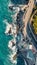 Aerial view over coast of Liguria, beach in Quarto dei Mille by Genova, Italy