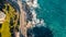 Aerial view over coast of Liguria, beach in Quarto dei Mille by Genova, Italy