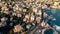 Aerial view over coast of Liguria, beach in Quarto dei Mille by Genova, Italy