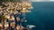 Aerial view over coast of Liguria, beach in Quarto dei Mille by Genova, Italy