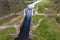 aerial view over dam lock sluice on lake impetuous waterfall