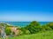 Aerial view over Eastbourne seafront from the South Downs near Beachy Head, England, UK.