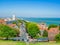 Aerial view over Eastbourne seafront from the South Downs near Beachy Head, England, UK.