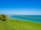 Aerial view over Eastbourne seafront from the South Downs near Beachy Head, England, UK.