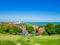 Aerial view over Eastbourne seafront from the South Downs near Beachy Head, England, UK.