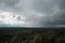 Aerial view over the green forest in evening. Rian over the forest. Cloudy mystery. Landscapes of Latvia.