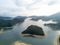 Aerial view over Hong Kong Tai Lam Chung Reservoir under smokey weather