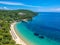 Aerial view over Koukounaries beach in Skiathos island, Sporades, Magnesia, Greece