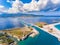 Aerial view over Lefkada Fortress and rotating bridge at the entrance of the main harbour canal